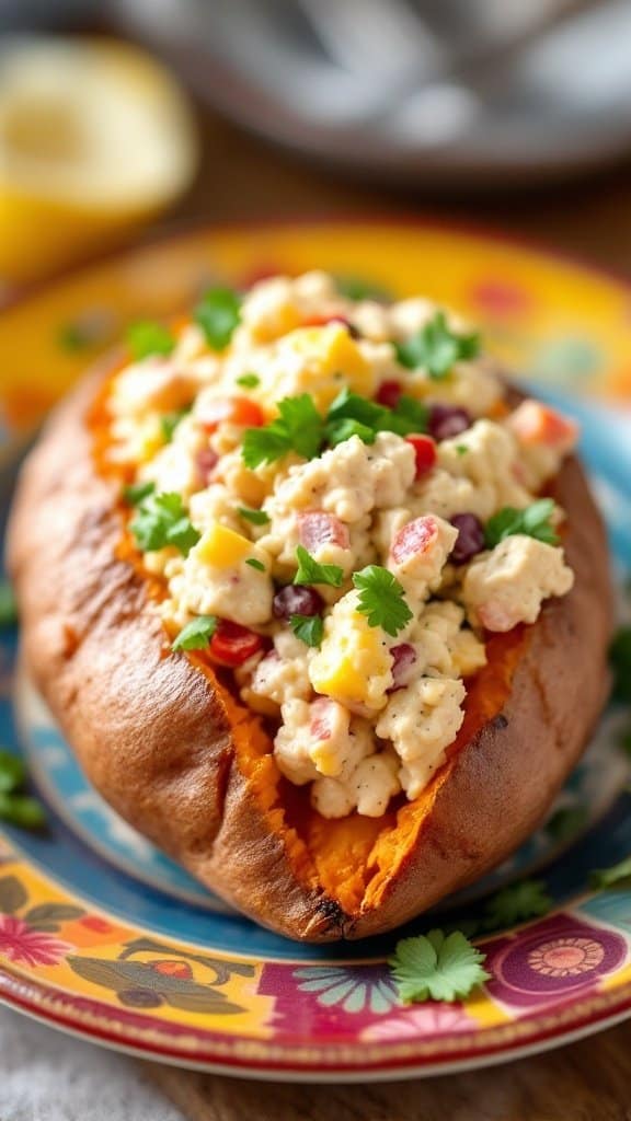 Baked sweet potato topped with tuna salad, served on a colorful plate against a pink background.