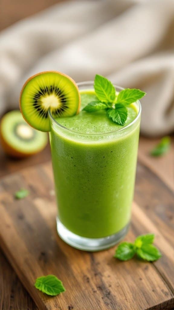 A green energizing breakfast smoothie in a glass, garnished with a slice of kiwi and mint leaves on a wooden surface.