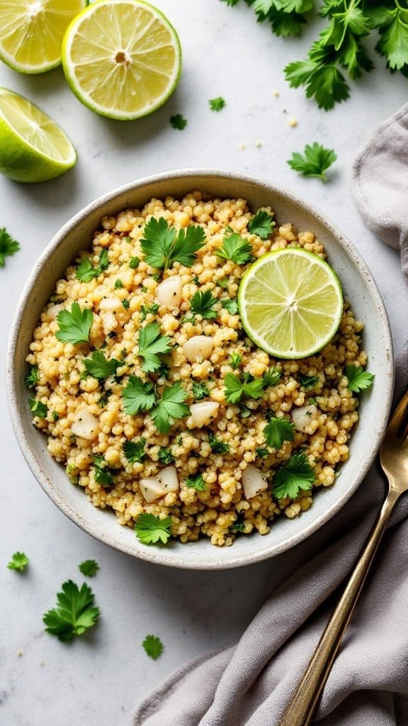 A bowl of cilantro lime quinoa garnished with lime slices and fresh cilantro.