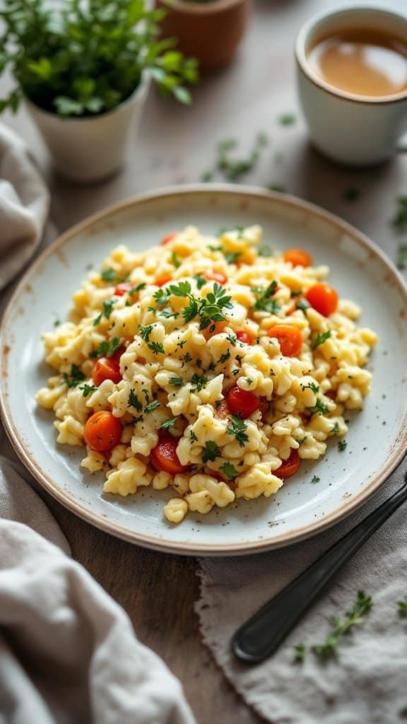 A plate of egg white and veggie scramble with cherry tomatoes and herbs.