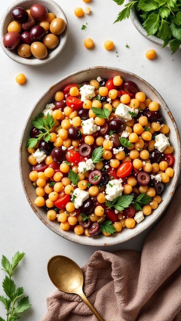 A bowl of Mediterranean Chickpea Salad with olives, chickpeas, cherry tomatoes, and feta cheese, garnished with parsley.