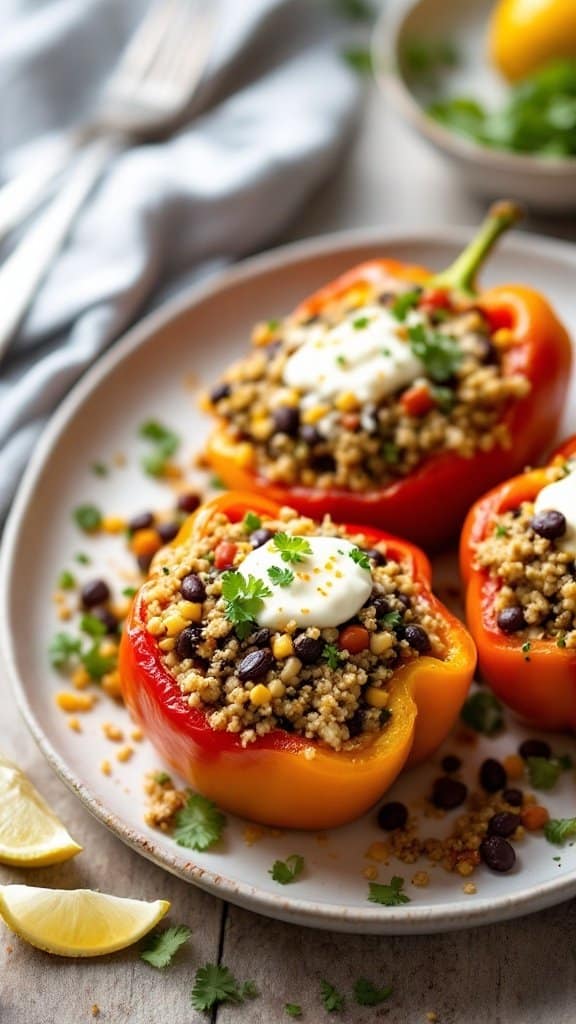 Colorful stuffed bell peppers filled with quinoa, black beans, and corn, garnished with sour cream and cilantro.