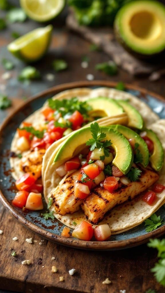 A plate of grilled fish tacos topped with avocado and pico de gallo, surrounded by lime wedges and fresh cilantro.