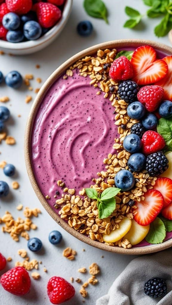 A Berry and Spinach Smoothie Bowl with granola and fresh fruits like strawberries, blueberries, and raspberries.
