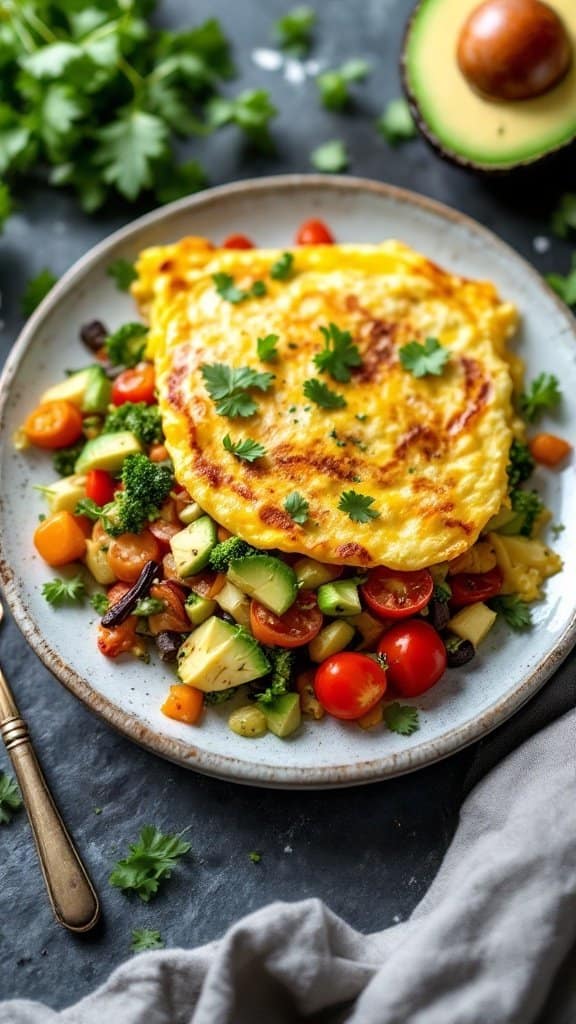 A delicious veggie omelette on a plate, garnished with fresh herbs and served with colorful vegetables.