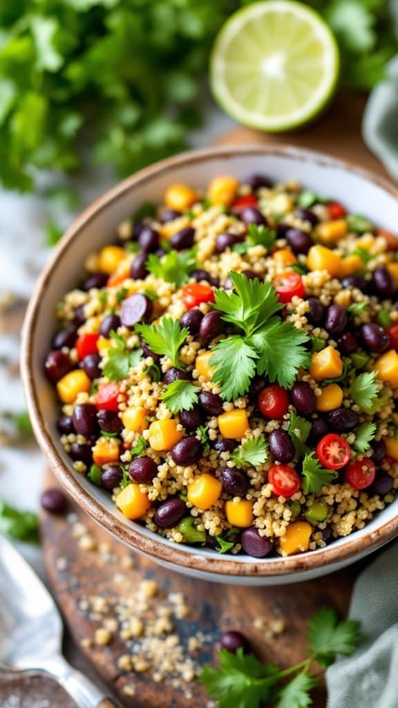 A colorful bowl of quinoa and black bean salad topped with cilantro, surrounded by fresh ingredients.