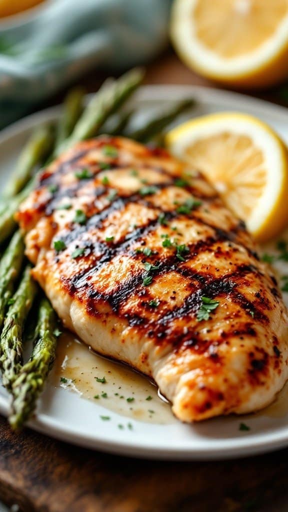 Grilled chicken breast served with asparagus and lemon slices