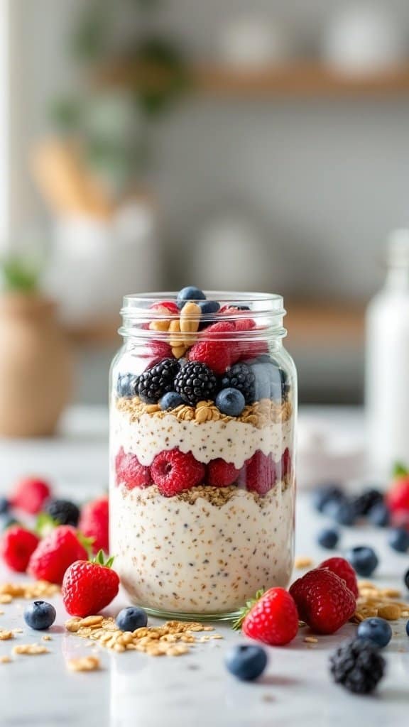 A jar of Overnight Oats layered with raspberries, blueberries, blackberries, and granola.