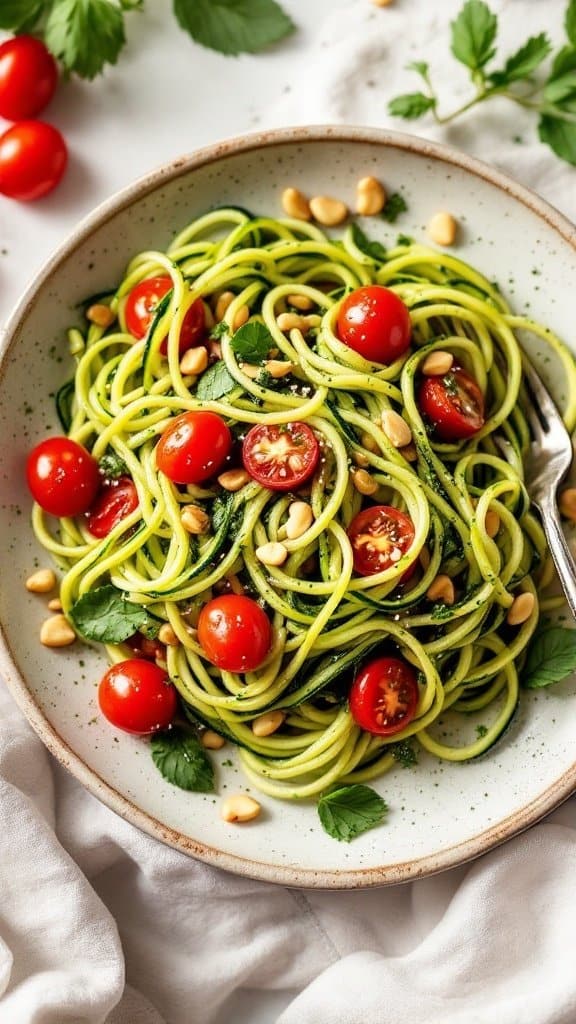 A bowl of zucchini noodles with pesto, topped with cherry tomatoes and pine nuts.