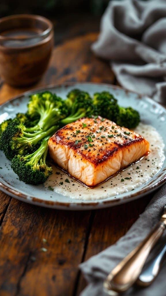 Baked salmon with broccoli served on a plate, featuring a creamy sauce and a wooden background.