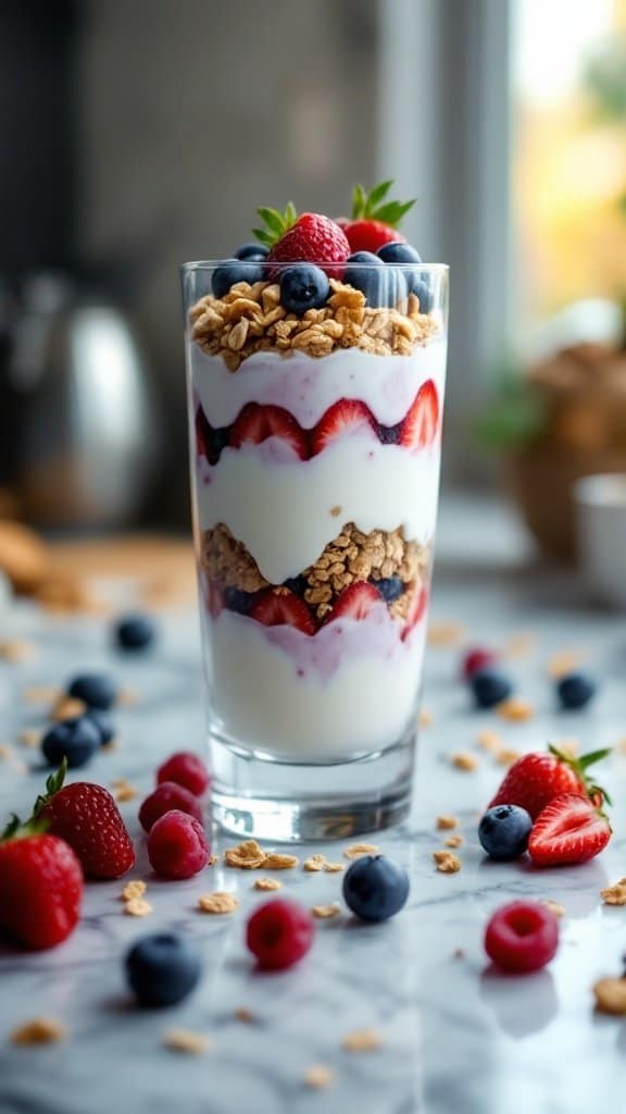 A colorful Greek yogurt parfait with layers of yogurt, strawberries, blueberries, and granola in a glass