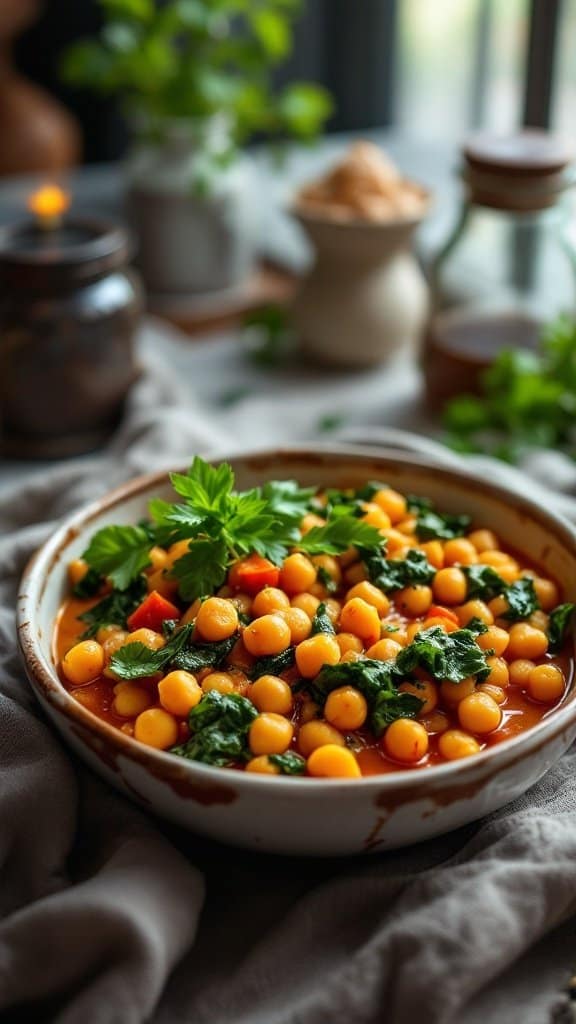 A bowl of Spicy Chickpea and Spinach Stew with chickpeas, spinach, and red bell pepper, garnished with fresh herbs.