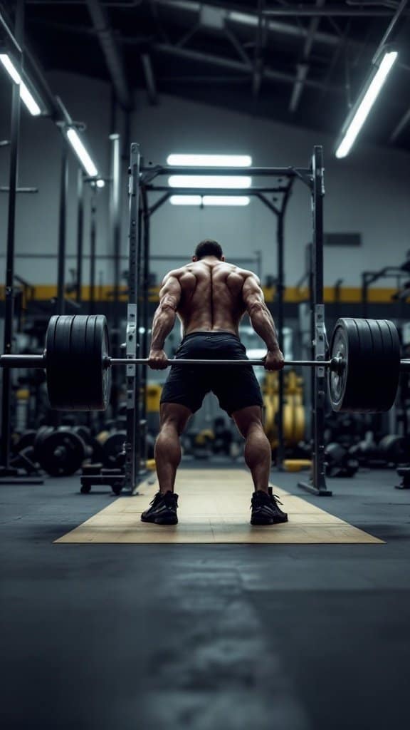 A person lifting a heavy barbell during a deadlift in a gym setting.