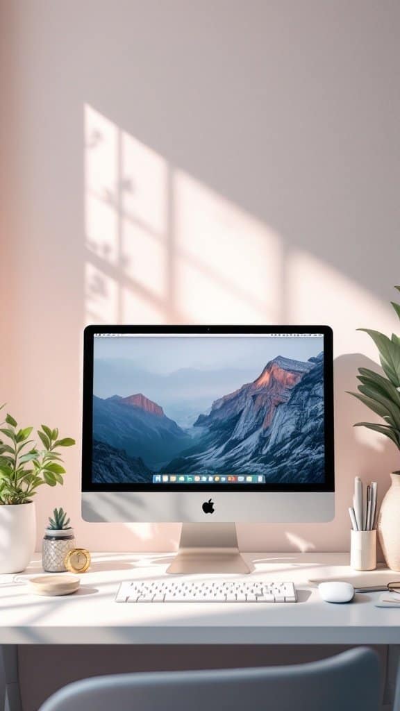 A minimalist workspace featuring an Apple computer, plants, and organized desk items.