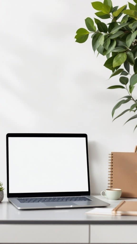 A minimalist workspace featuring a blank laptop screen, a plant, a cup, and a notebook, symbolizing a digital detox.