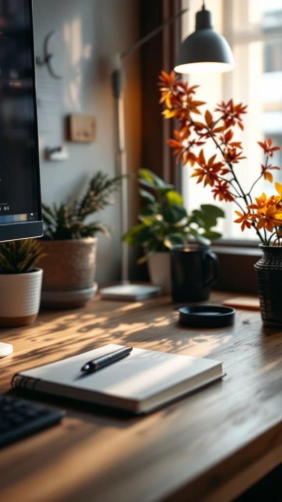 A cozy workspace with plants and a notebook, promoting a digital detox.