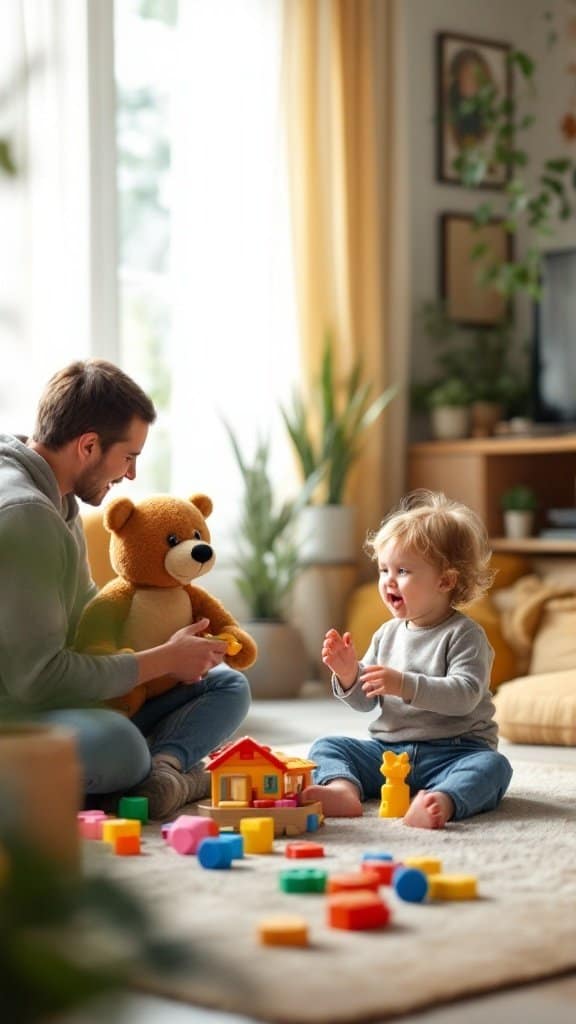 A parent playing with a toddler and toys in a cozy living room.