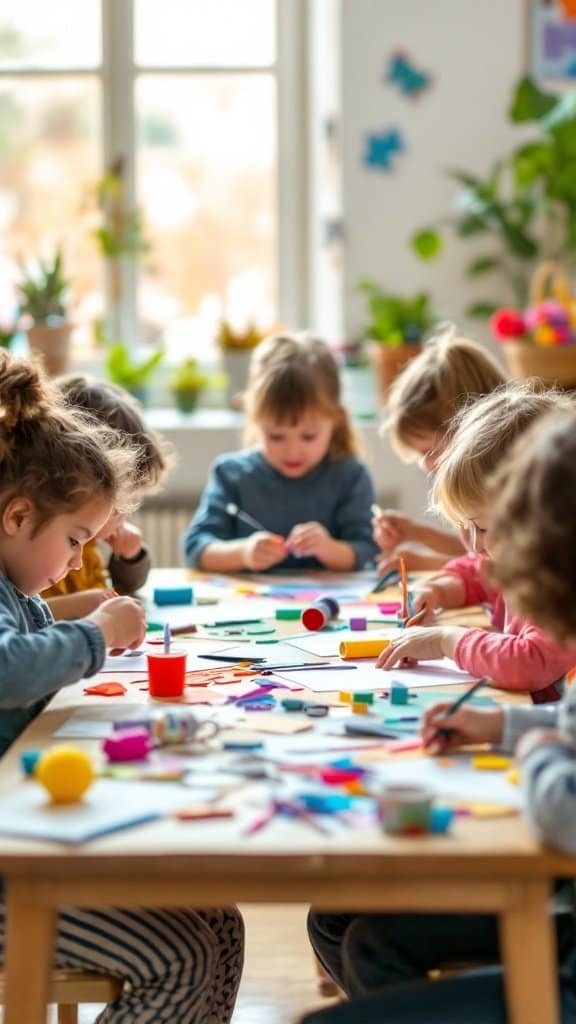 Children engaged in a crafting session at a DIY crafting station, surrounded by colorful supplies.