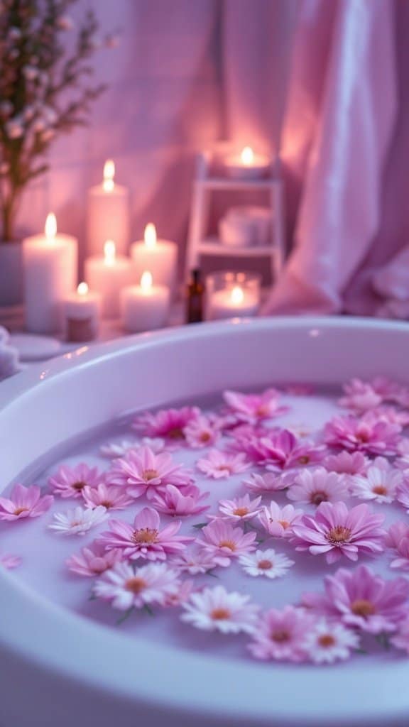 A serene bath filled with pink flowers and candles, creating a calming atmosphere for a DIY spa day.