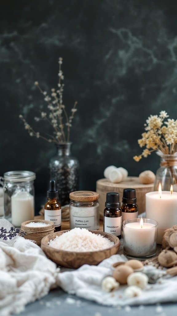 A cozy DIY spa kit featuring bath salts, essential oils, and candles.