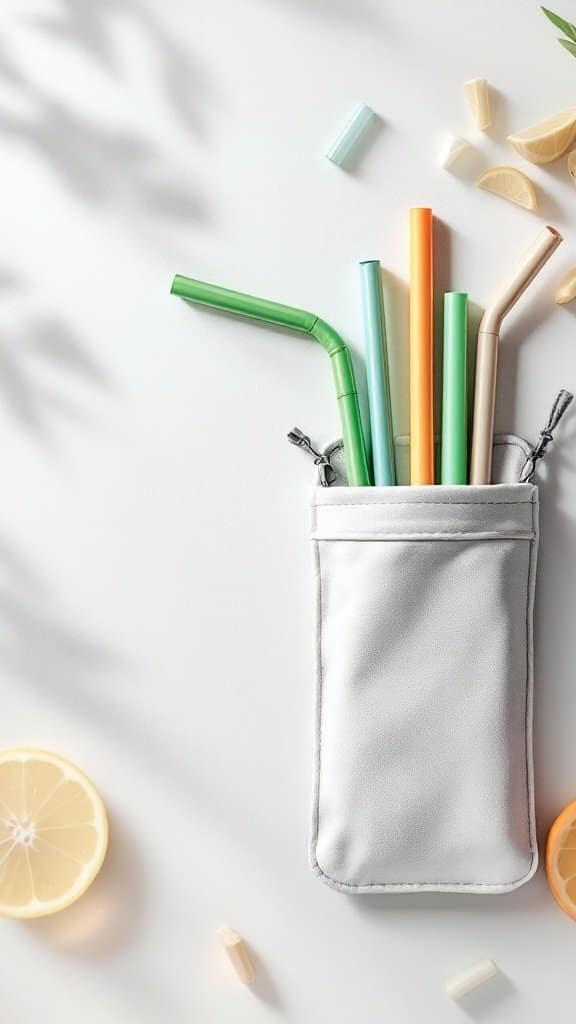 A collection of colorful reusable straws in a carrying case, surrounded by lemon slices and small candies.
