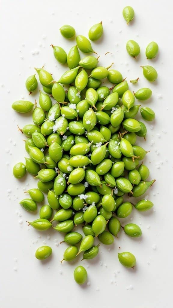 A close-up of fresh edamame pods sprinkled with sea salt.
