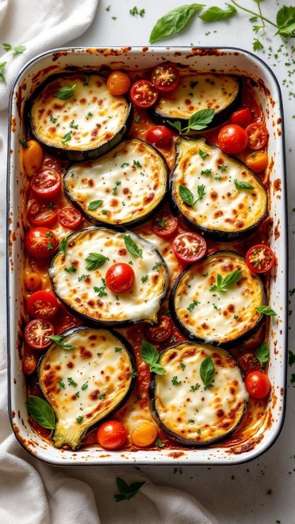 Baked eggplant and tomatoes with cheese and basil