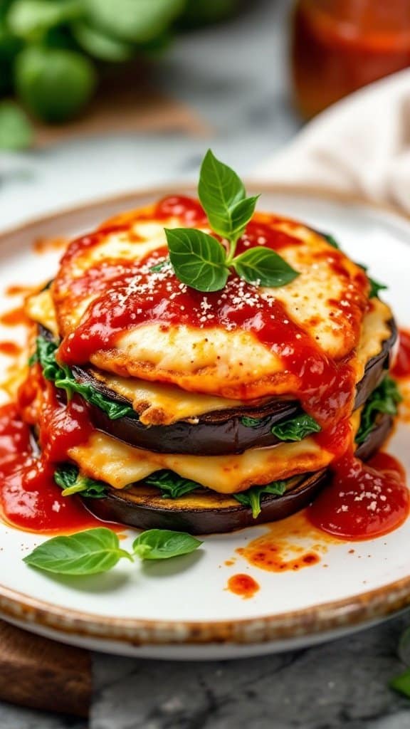 A plate of Eggplant Parmesan with Spinach, featuring layers of roasted eggplant, melted cheese, and marinara sauce, garnished with fresh basil leaves.