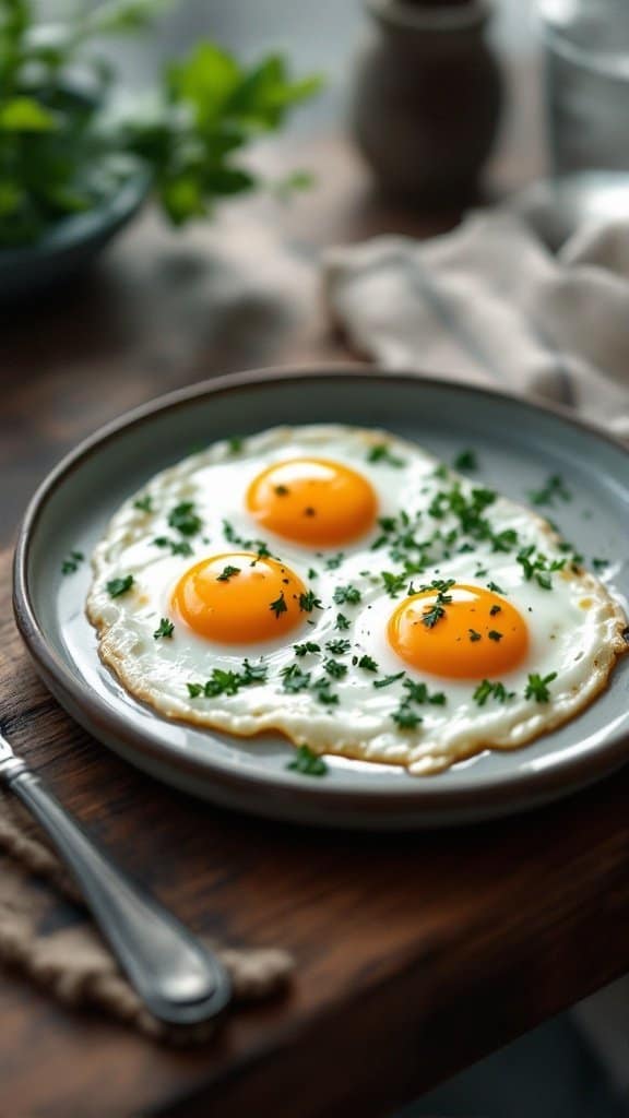 Three sunny-side-up eggs garnished with herbs on a plate