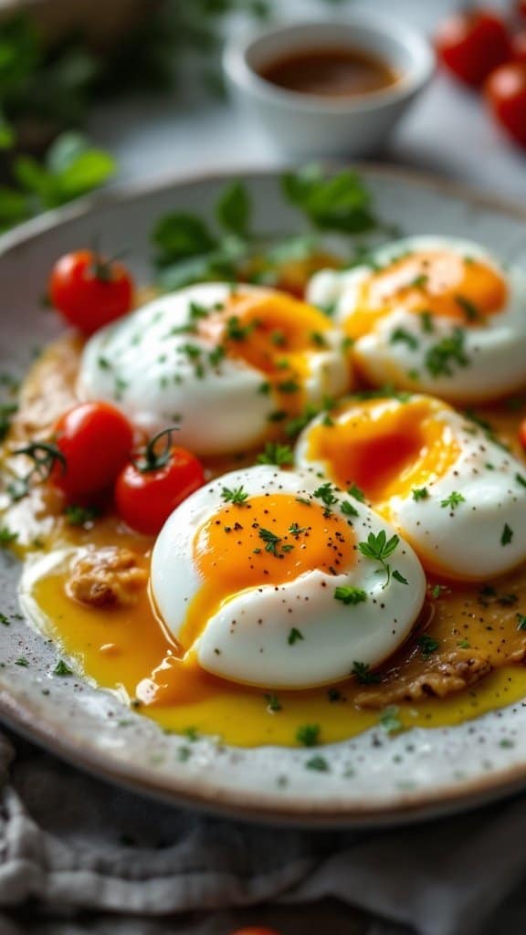 A plate of poached eggs topped with herbs and served with cherry tomatoes.