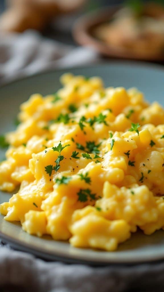 A plate of creamy scrambled eggs topped with fresh parsley