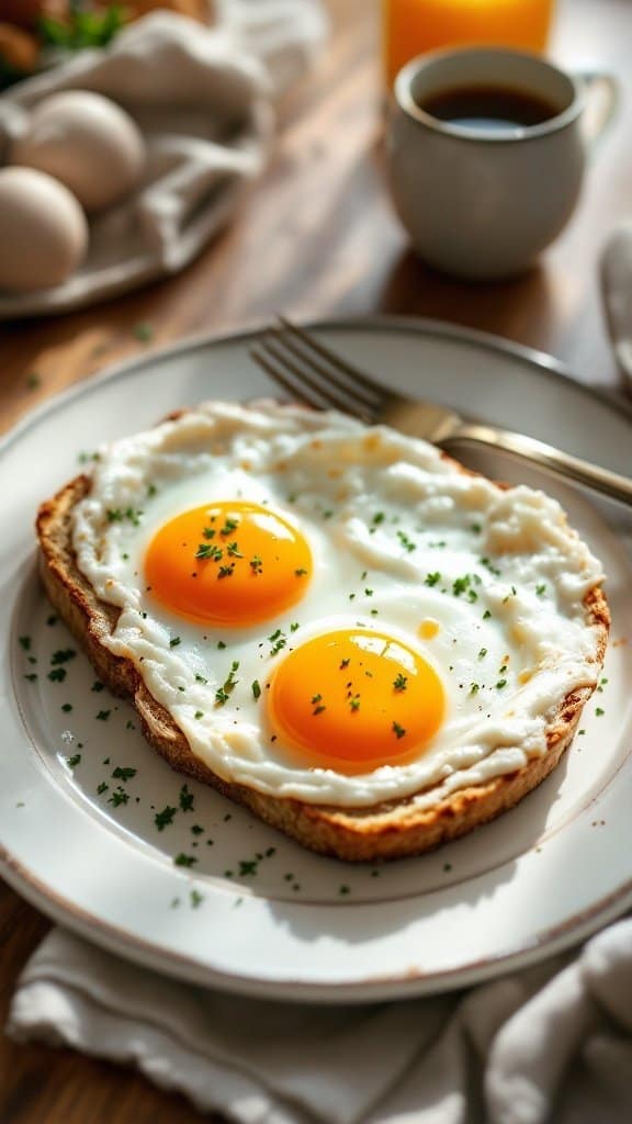 A plate with two fried eggs on toast, garnished with parsley, with a cup of coffee and orange juice in the background.