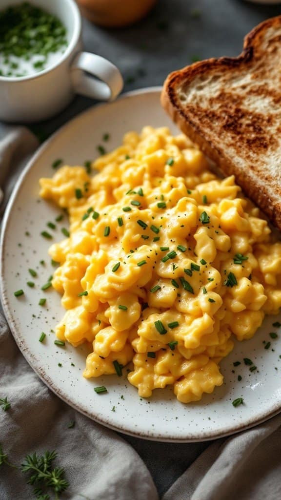 A plate of scrambled eggs garnished with chives, served with toast on the side.