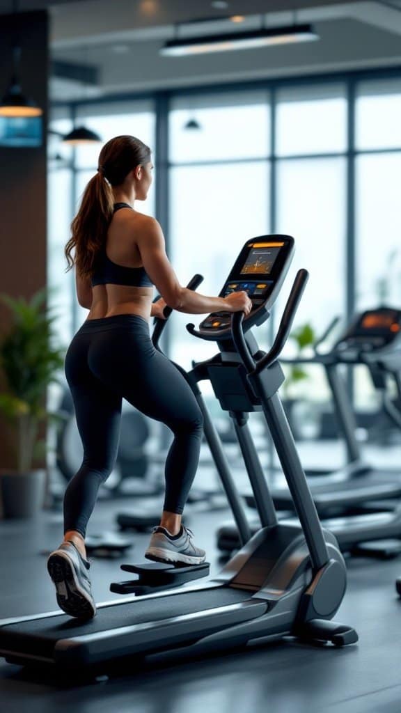 A person using an elliptical trainer in a gym setting, focused on their workout.