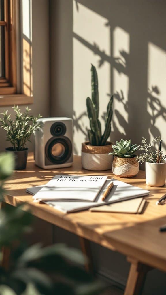 A minimalist workspace with plants, a speaker, and notebooks, illuminated by sunlight.