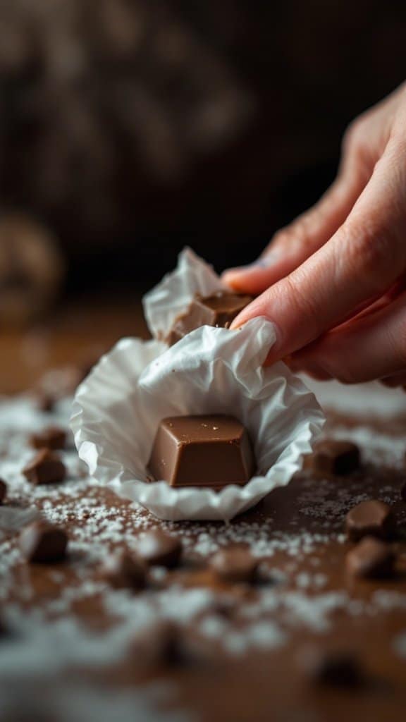 A hand unwrapping a chocolate piece from a paper cup, with scattered chocolate pieces in the background.