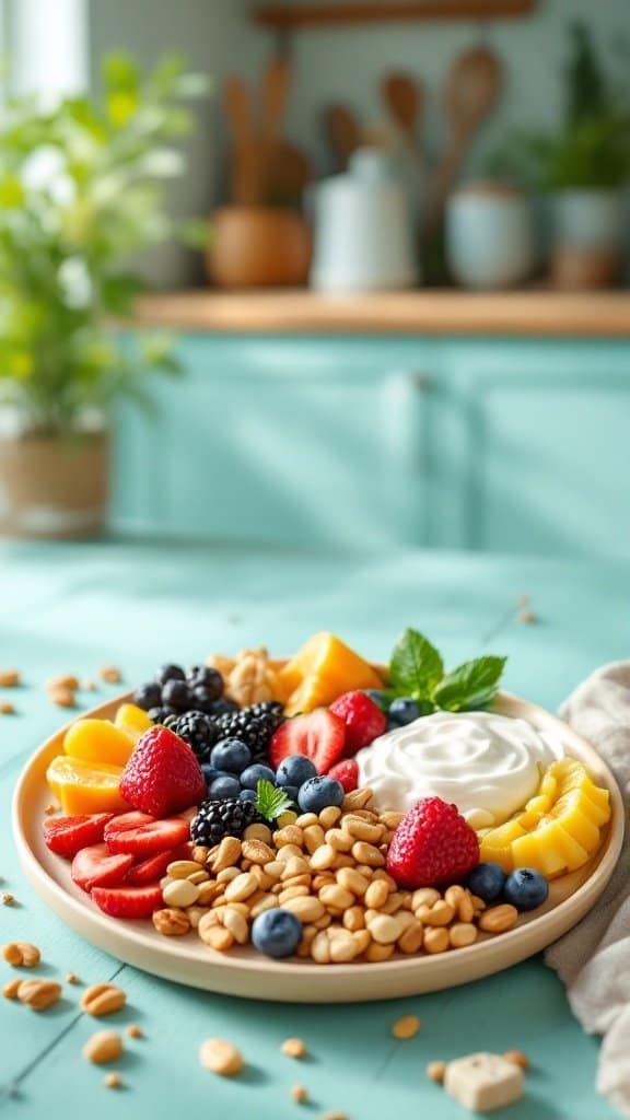 A colorful plate of fruits, nuts, and yogurt, arranged beautifully to make an energizing snack.