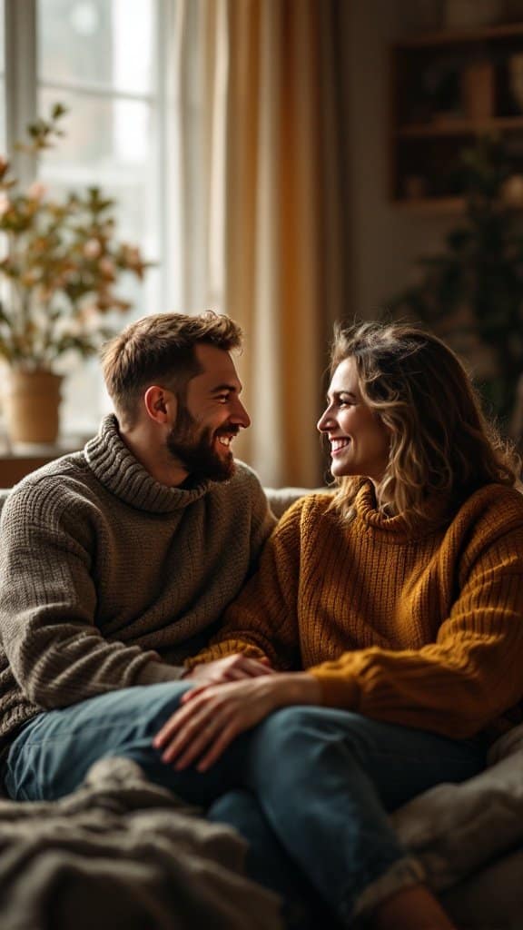 A couple sitting together on a couch, smiling at each other in a cozy indoor setting.