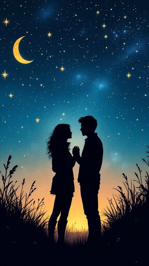 Silhouette of a couple holding hands under a starry night sky with a crescent moon.