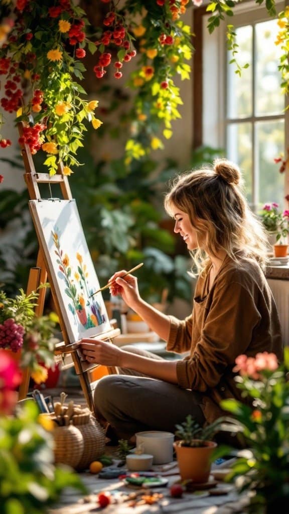A woman painting in a bright, flower-filled room, showcasing the joy of engaging in hobbies.