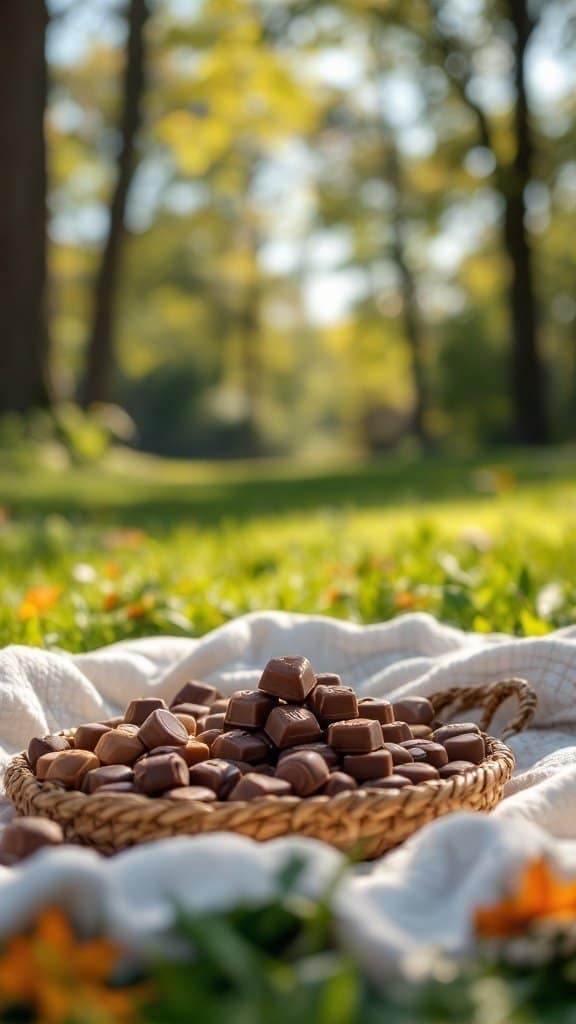 A basket of chocolates on a blanket in a sunny park surrounded by greenery.