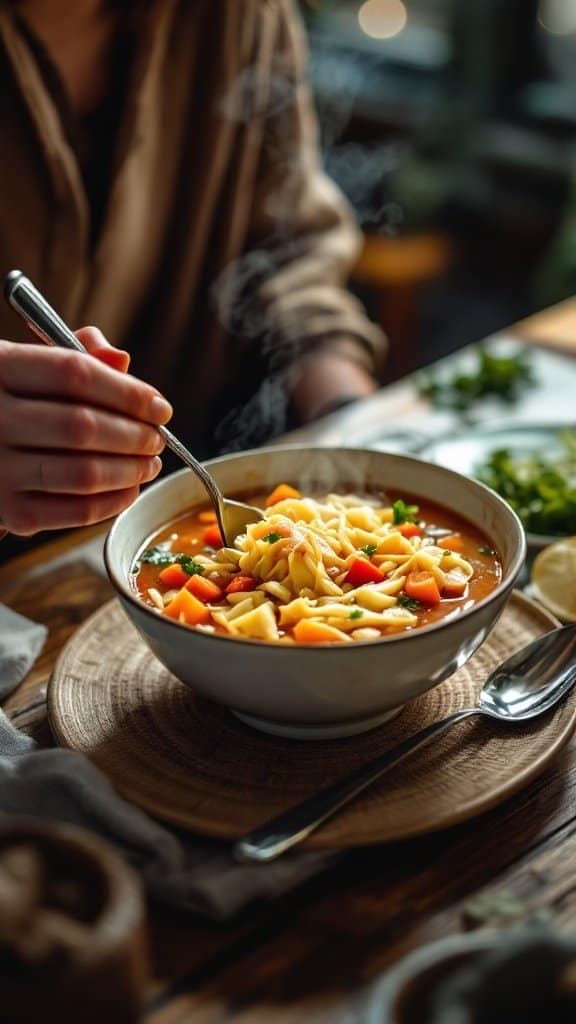 A cozy scene featuring a woman enjoying a bowl of cabbage soup at a wooden table with a window view.