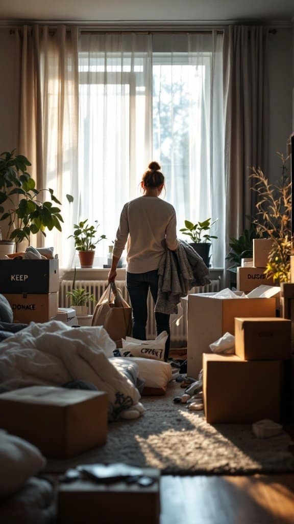 A person organizing their home surrounded by boxes and clutter, symbolizing the process of decluttering.