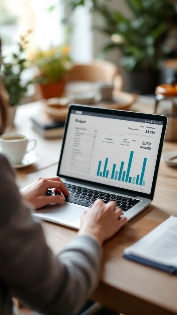 A person working on their laptop, reviewing a budgeting system with graphs and data.
