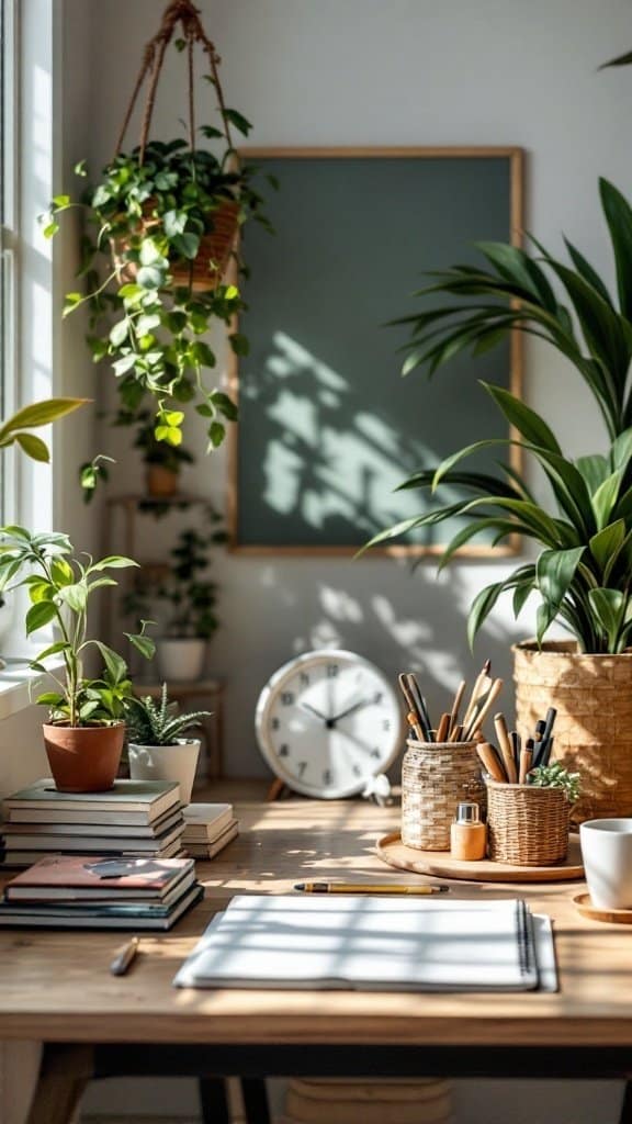 A bright and organized workspace featuring plants, books, and a clock.