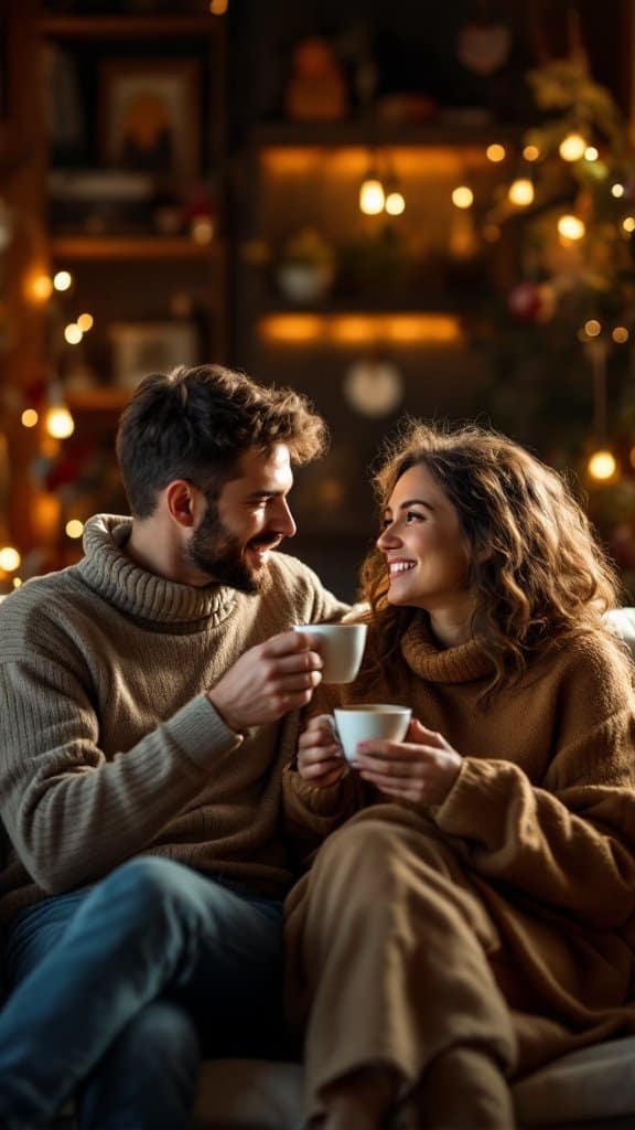 A couple sitting together with warm drinks, smiling and enjoying each other's company in a cozy setting.