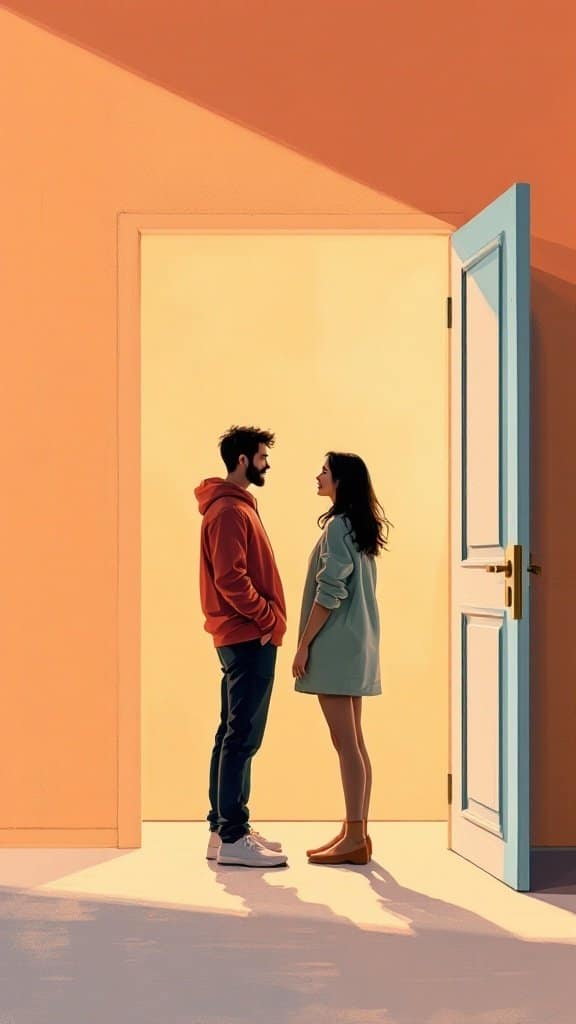 A couple standing in a doorway, symbolizing communication and boundaries in relationships.