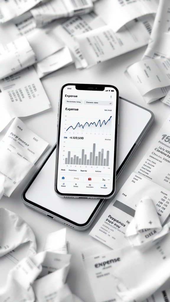 Smartphone displaying an expense tracking app surrounded by crumpled receipts