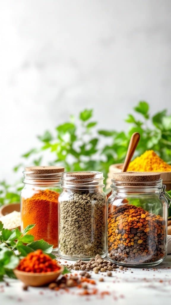 A variety of colorful spices in glass jars against a light background, showcasing their vibrant colors and textures.