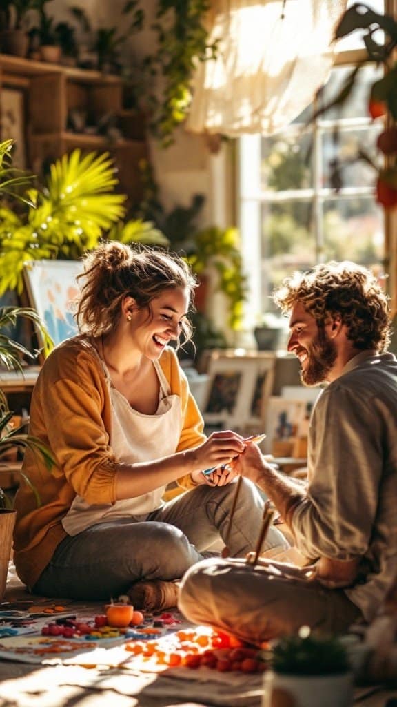 A couple happily engaging in a creative hobby together, surrounded by colorful art supplies and plants.